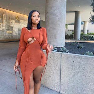 Red/Orange Midi Dress with Sexy Front Cutout (Fits US 4-6)